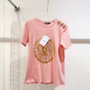 Authentic Balmain Pink Gold-Emblem Button Tee